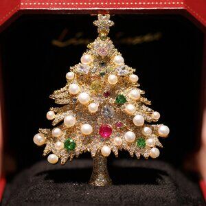 Luxury Christmas Tree Brooch Pin - Freshwater Pearl & Multi-Gem Gold Tone
